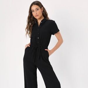 Lulus Laidback Living Black Button-front Short Sleeve Jumpsuit - Size M